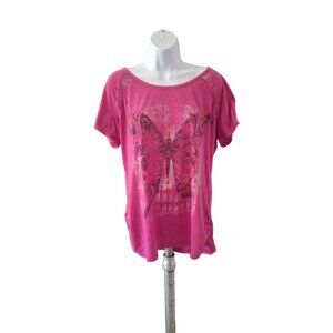 Faded Glory Womens Top XL Pink Rolled Short Sleeve Lace Back Butterfly Print Y2K